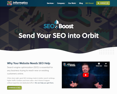 A screenshot of the SEO Boost homepage from informatics