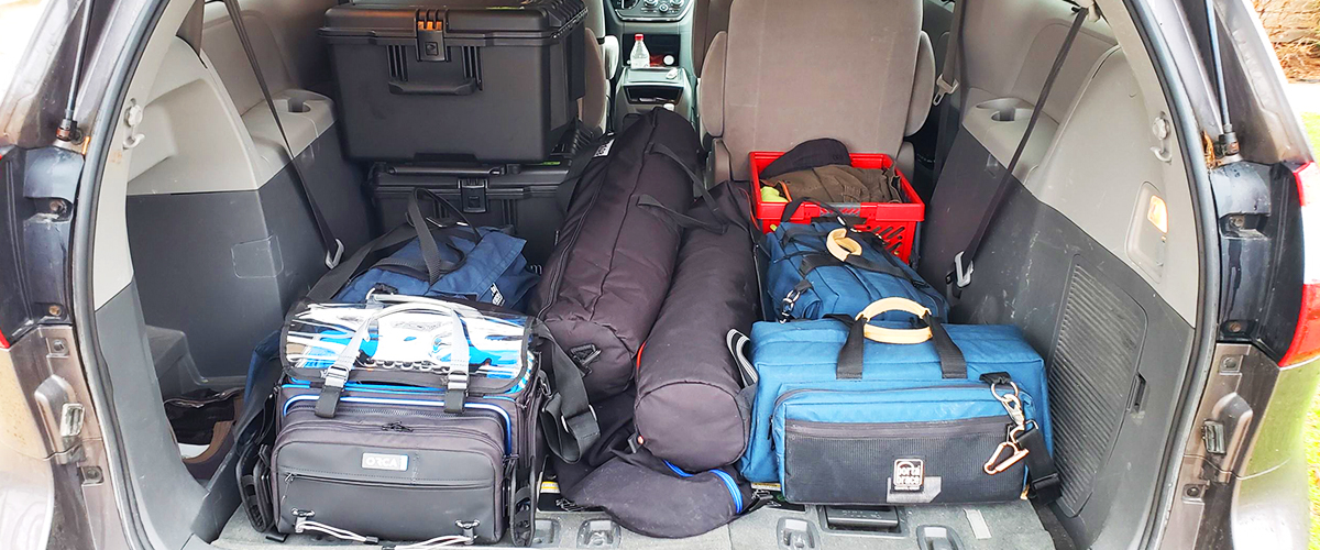 Video production gear in van trunk