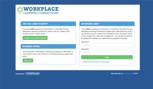 Screenshot of Workplace Learning Connections website