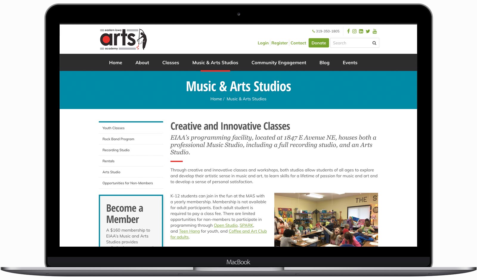 The Easter Iowa Arts Academy website on a laptop computer