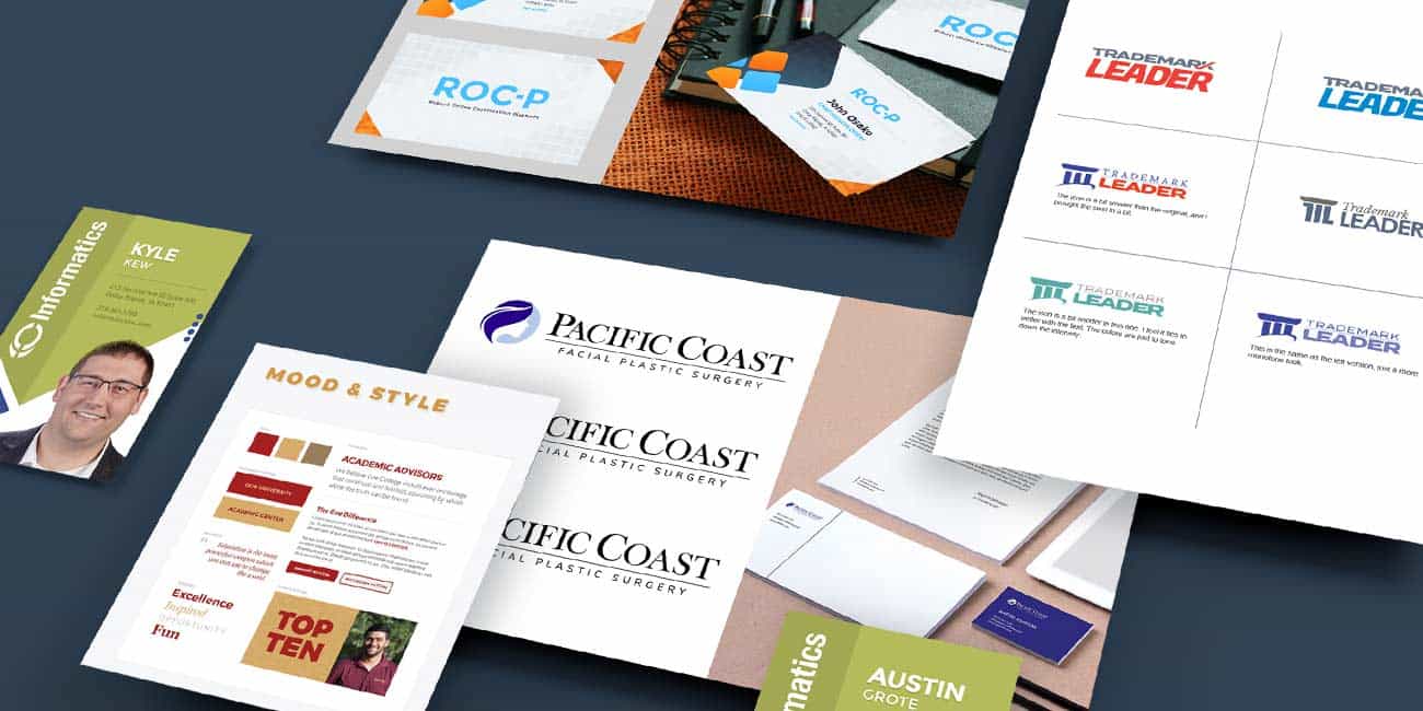 Various examples of logo design, mood boards, and branding mockups are overlaid in a 3D layout