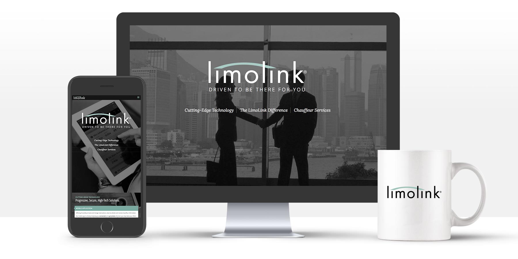 LimoLink website on mobile and computer screen with coffee cup in front with logo