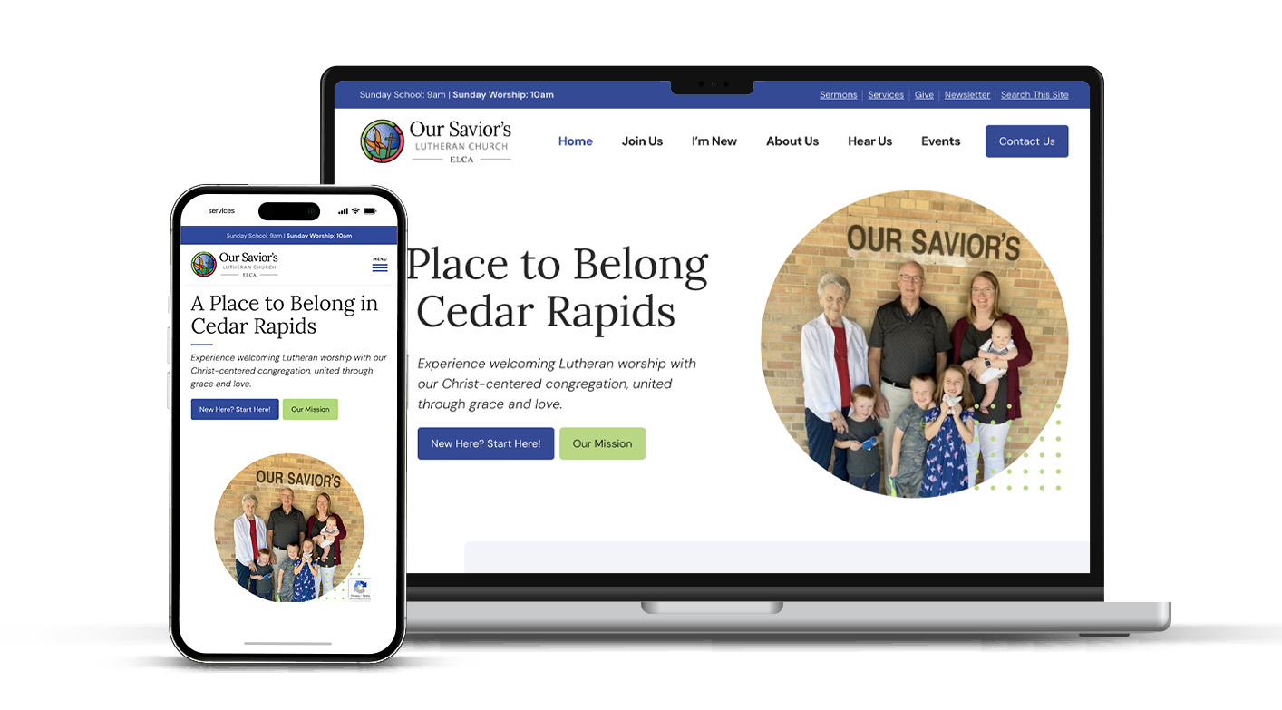 Our Savior's homepage design on mobile and laptop