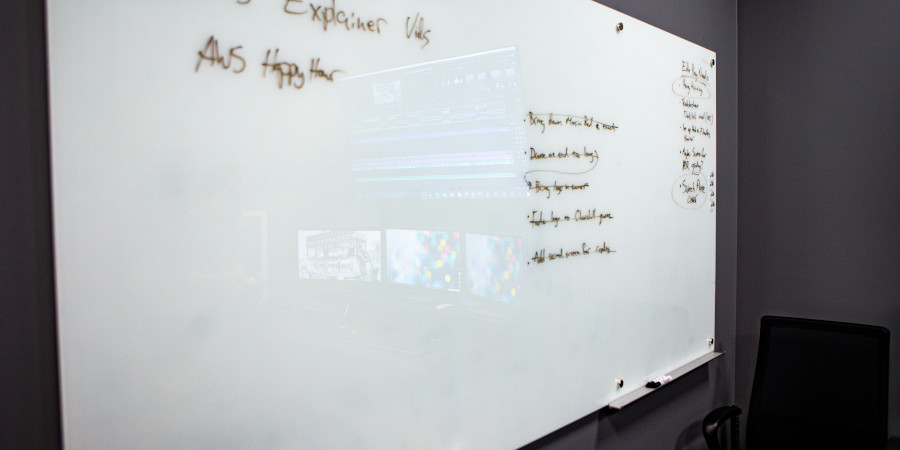 Magnetic glass whiteboard in Informatics editing bay