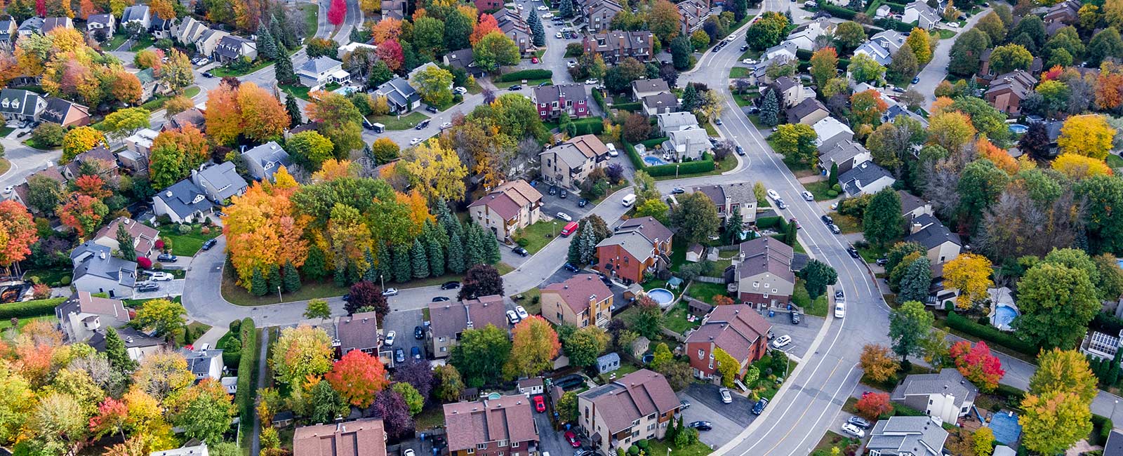 An aerial photograph of a neighborhood from a drone