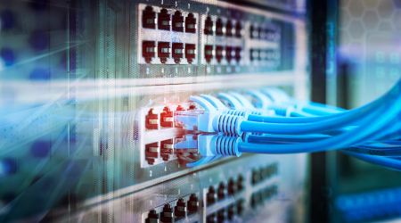 A close-up of a networking server rack