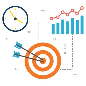 Icon of target with arrows in bullseye, charts and clock