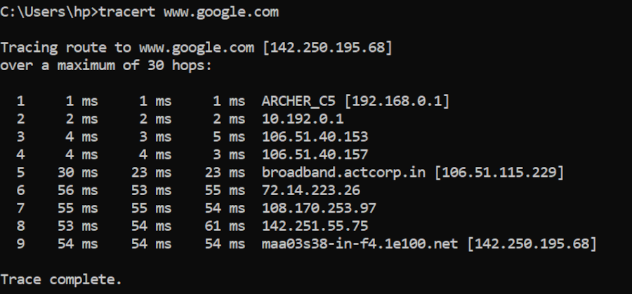 An example screen of a computer's Traceroute function