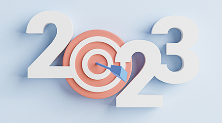 A arrow sticking out of a target, representing 2023 marketing strategy
