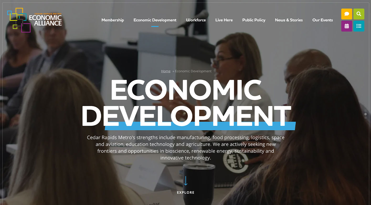 The Economic Development page of the new Cedar Rapids Metro Economic Alliance website.