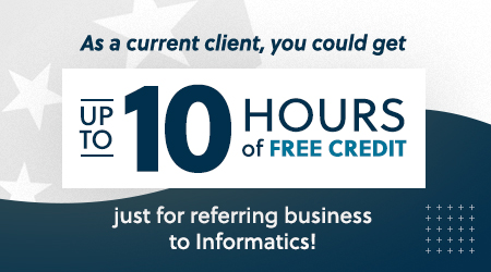 A graphic illustrating the Informatics client referral program in digital marketing