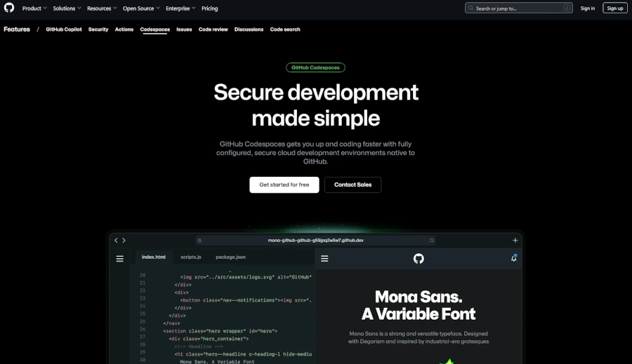 A screenshot of GitHub's Codespaces website