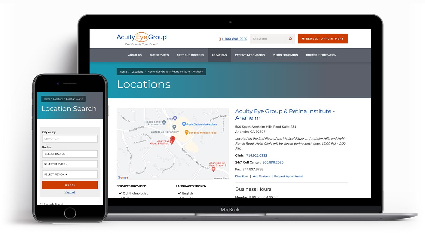 A screen shot of the locations search web application for Acuity Eye Group