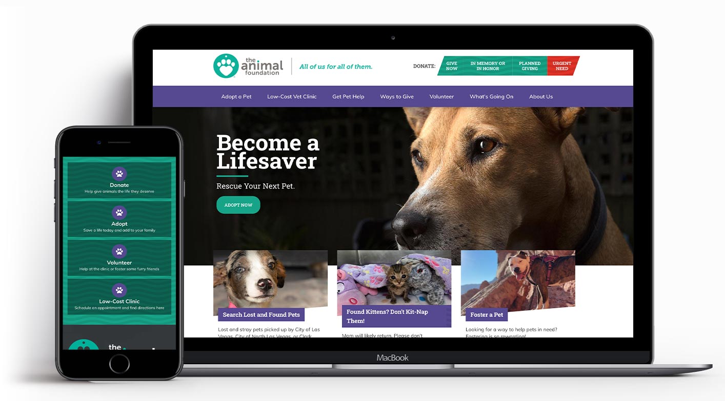 Homepage and mobile version of the Animal Foundation website