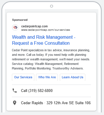 A screenshot of a search ad from Cedar Point Capital Partners, a wealth management firm in Cedar Rapids