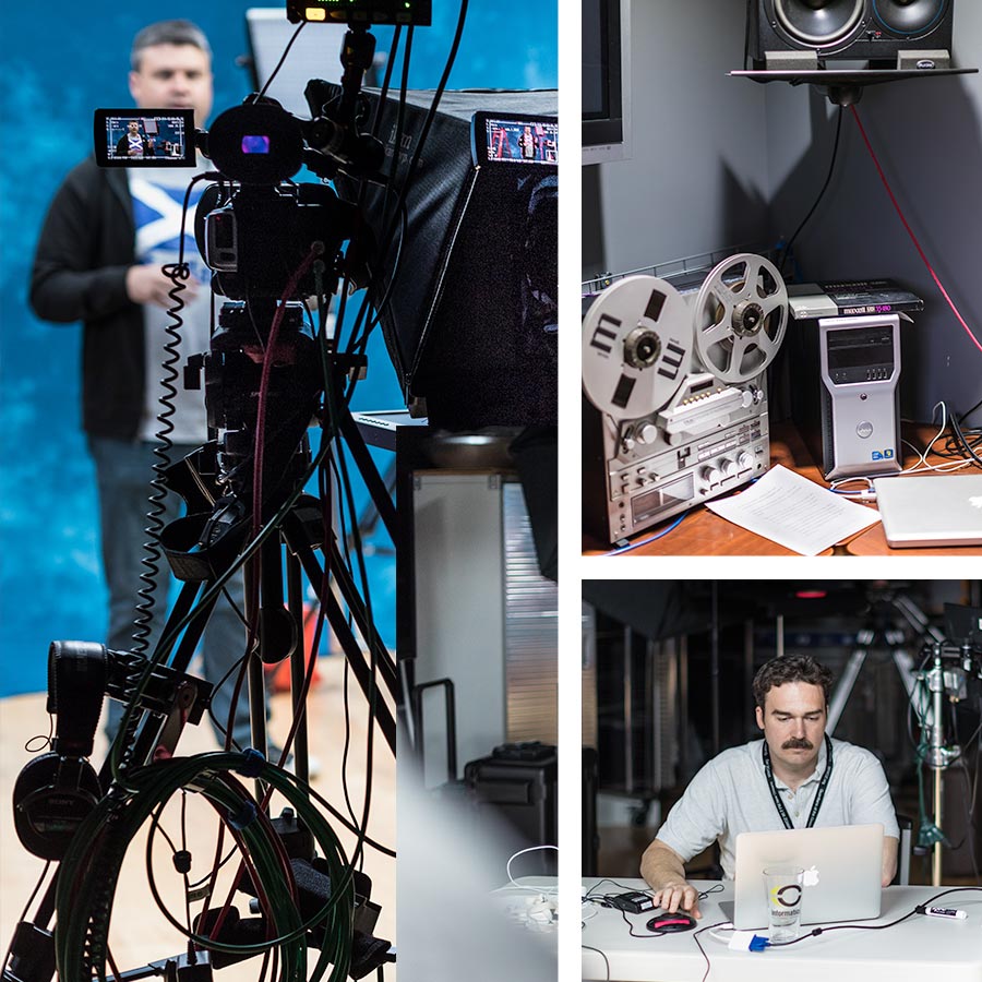 A collage of Informatics' media team using video cameras and media equipment