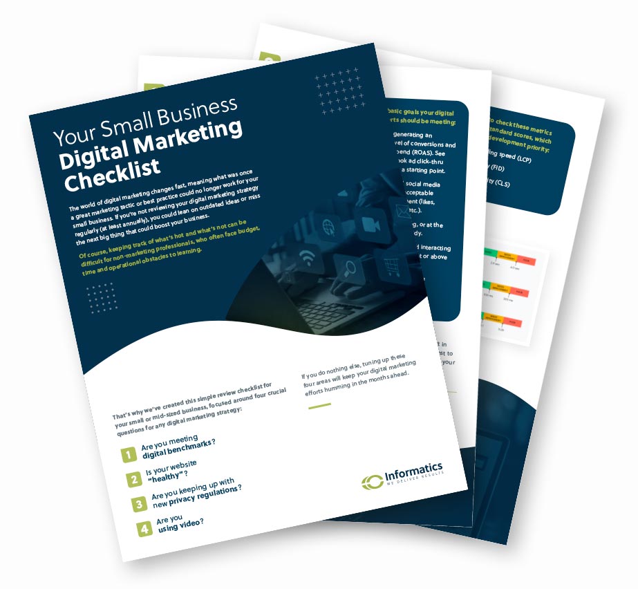 Three pages from the Informatics checklist with bright visuals and large text